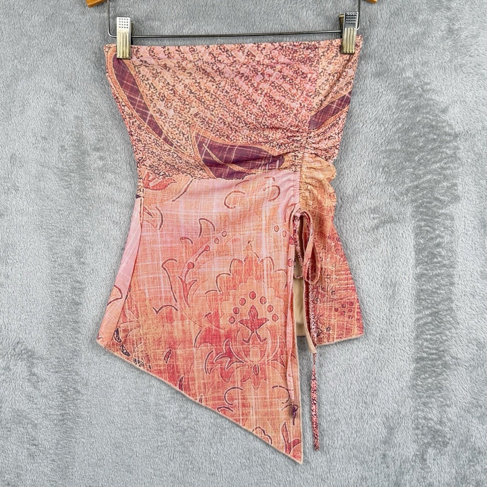 Tiger Mist Sariah Top XS Peach Orange Asymmetrical Sheer Ruched Y2K Strapless